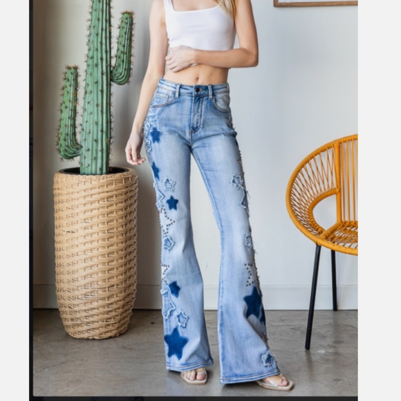 OLi and Hali 4th of July Be Your Own Star Wide Leg Flare Jeans Flare Pants SR16 - Picture 2 of 8